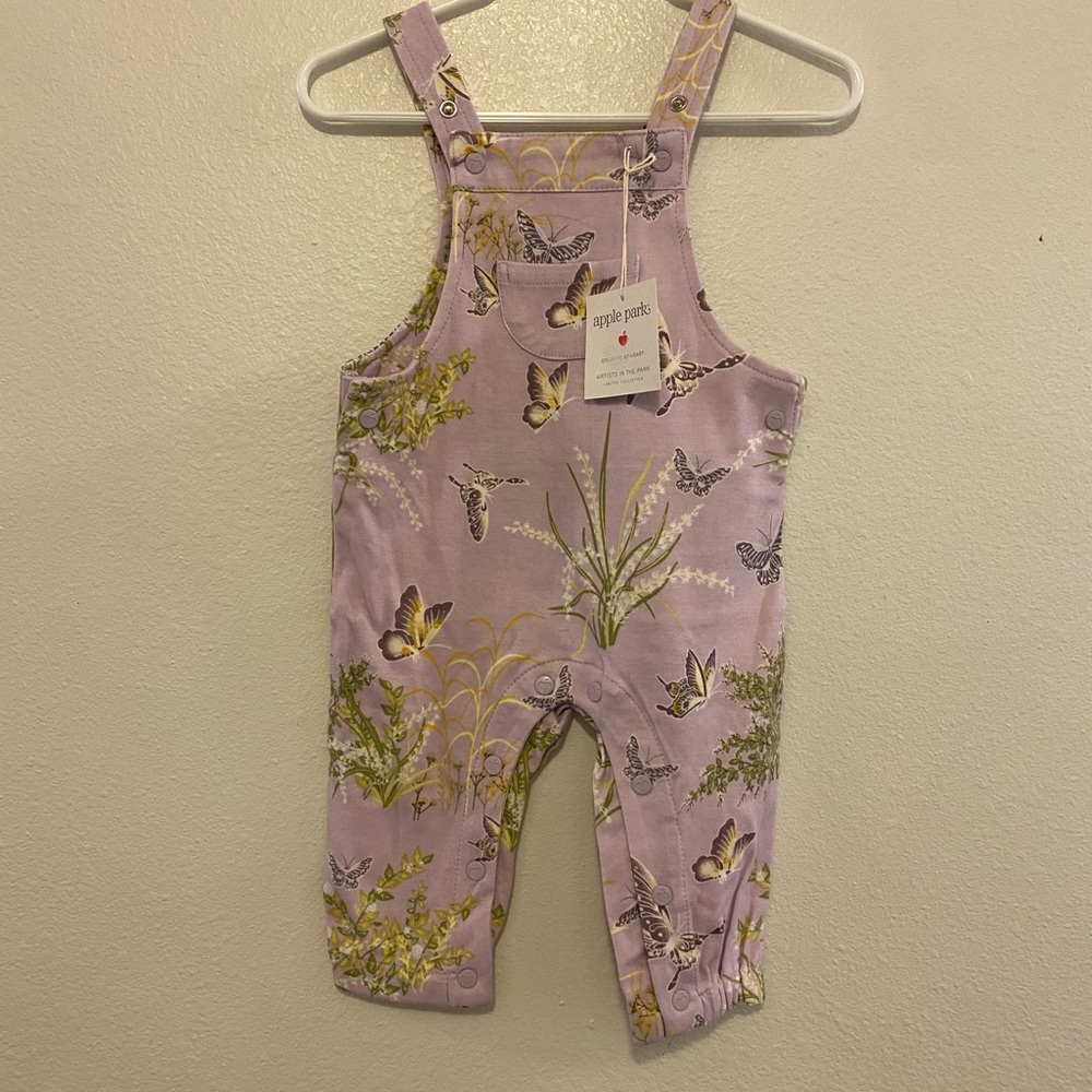Apple Park Organic Cotton Lavender Butterfly Print Kids Overalls